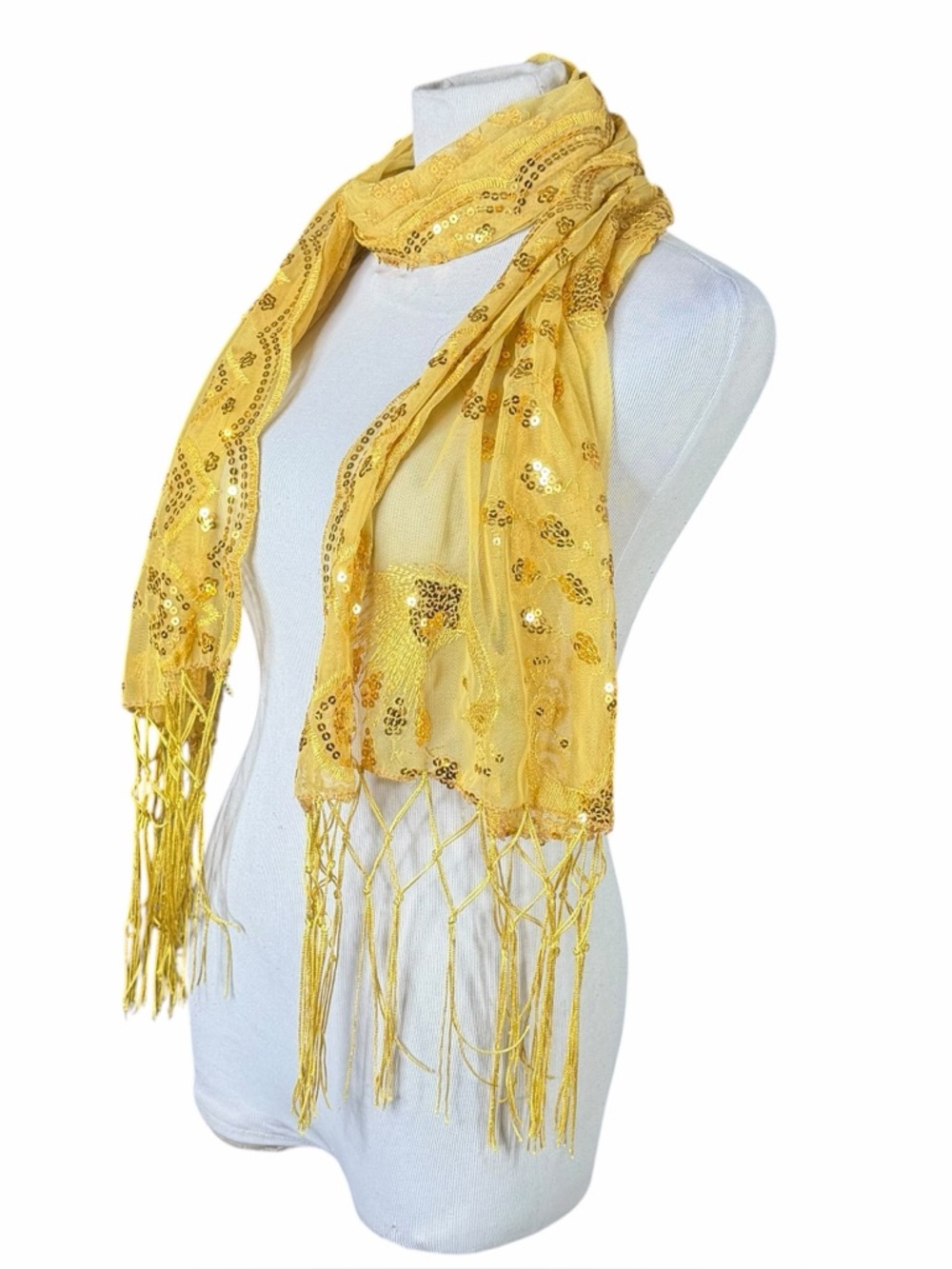 Boutique Gold Metallic Sequin Peacock Semi-Sheer Fringe Scarf